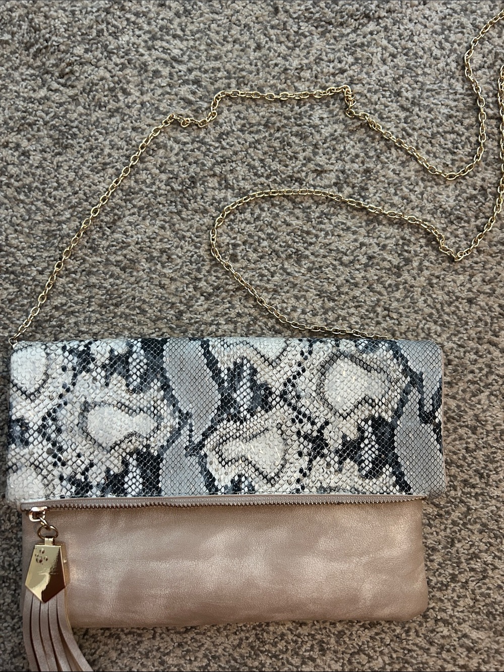 Lulus Neutral Snake-Print Foldover Clutch with Tassel